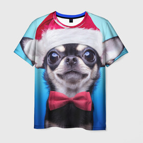 Мужская футболка 3D с принтом рождество в Санкт-Петербурге, 100% полиэфир | прямой крой, круглый вырез горловины, длина до линии бедер | dog | happy new year | бантик | взгляд | глаза | новый год | пинчер | праздник | санта клаус | собака | той терьер