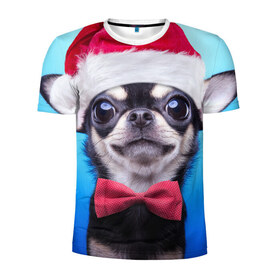 Мужская футболка 3D спортивная с принтом рождество в Санкт-Петербурге, 100% полиэстер с улучшенными характеристиками | приталенный силуэт, круглая горловина, широкие плечи, сужается к линии бедра | Тематика изображения на принте: dog | happy new year | бантик | взгляд | глаза | новый год | пинчер | праздник | санта клаус | собака | той терьер