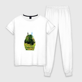 Женская пижама хлопок с принтом Тоторо в Санкт-Петербурге, 100% хлопок | брюки и футболка прямого кроя, без карманов, на брюках мягкая резинка на поясе и по низу штанин | art | hayao miyazaki | mei kusakabe | tonari no totoro | берлога | лапа | лес | мой сосед тоторо | хаяо миядзаки