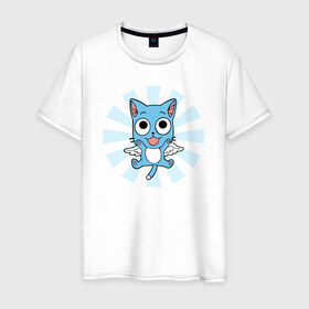 Мужская футболка хлопок с принтом Happy в Санкт-Петербурге, 100% хлопок | прямой крой, круглый вырез горловины, длина до линии бедер, слегка спущенное плечо. | cat | fairy tail | китай | кот | нацу | хвост феи