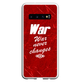 Чехол для Samsung Galaxy S10 с принтом WAR NEVER CHANGES в Санкт-Петербурге, Силикон | Область печати: задняя сторона чехла, без боковых панелей | Тематика изображения на принте: 101 | 111 | 76 | atom cats | bethesda | brotherhood of steel | fallout | nuka cola | outcast | tunnel snakes | vault | war | братство стали | бункер | война | убежище | фолаут | фоллаут | ядеркола