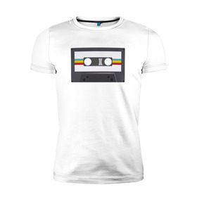 Мужская футболка премиум с принтом Компакт-кассета в Санкт-Петербурге, 92% хлопок, 8% лайкра | приталенный силуэт, круглый вырез ворота, длина до линии бедра, короткий рукав | Тематика изображения на принте: 90 е | арт | аудиокассета | дизайн | компакт кассета | магнитола | музыка | ретро