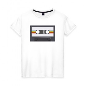 Женская футболка хлопок с принтом Компакт-кассета в Санкт-Петербурге, 100% хлопок | прямой крой, круглый вырез горловины, длина до линии бедер, слегка спущенное плечо | 90 е | арт | аудиокассета | дизайн | компакт кассета | магнитола | музыка | ретро