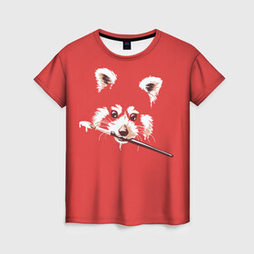 Женская футболка 3D с принтом Красная панда в Санкт-Петербурге, 100% полиэфир ( синтетическое хлопкоподобное полотно) | прямой крой, круглый вырез горловины, длина до линии бедер | енот | кисть | лиса | малая панда | художник