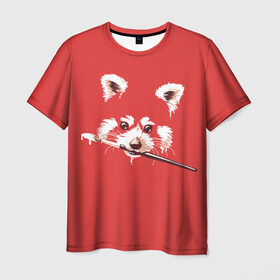 Мужская футболка 3D с принтом Красная панда в Санкт-Петербурге, 100% полиэфир | прямой крой, круглый вырез горловины, длина до линии бедер | Тематика изображения на принте: енот | кисть | лиса | малая панда | художник