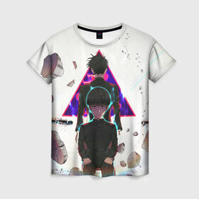 Женская футболка 3D с принтом Моб Психо 100 в Санкт-Петербурге, 100% полиэфир ( синтетическое хлопкоподобное полотно) | прямой крой, круглый вырез горловины, длина до линии бедер | anime | mob psycho 100 | shigeo kageyama | аниме | моб психо 100