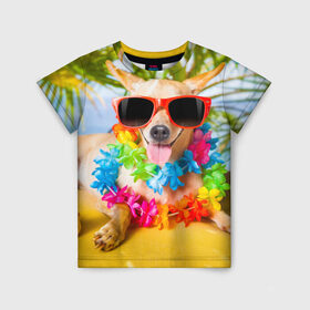 Детская футболка 3D с принтом пляж в Санкт-Петербурге, 100% гипоаллергенный полиэфир | прямой крой, круглый вырез горловины, длина до линии бедер, чуть спущенное плечо, ткань немного тянется | Тематика изображения на принте: sea | гавайи | лето | море | океан | отдых | очки | пляж | собака | той терьер