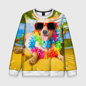 Детский свитшот 3D с принтом пляж в Санкт-Петербурге, 100% полиэстер | свободная посадка, прямой крой, мягкая тканевая резинка на рукавах и понизу свитшота | Тематика изображения на принте: sea | гавайи | лето | море | океан | отдых | очки | пляж | собака | той терьер