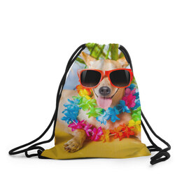 Рюкзак-мешок 3D с принтом пляж в Санкт-Петербурге, 100% полиэстер | плотность ткани — 200 г/м2, размер — 35 х 45 см; лямки — толстые шнурки, застежка на шнуровке, без карманов и подкладки | sea | гавайи | лето | море | океан | отдых | очки | пляж | собака | той терьер