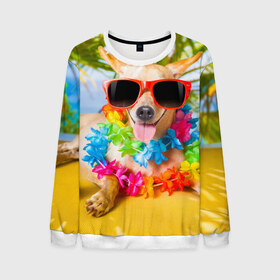 Мужской свитшот 3D с принтом пляж в Санкт-Петербурге, 100% полиэстер с мягким внутренним слоем | круглый вырез горловины, мягкая резинка на манжетах и поясе, свободная посадка по фигуре | sea | гавайи | лето | море | океан | отдых | очки | пляж | собака | той терьер