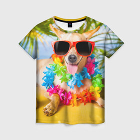 Женская футболка 3D с принтом пляж в Санкт-Петербурге, 100% полиэфир ( синтетическое хлопкоподобное полотно) | прямой крой, круглый вырез горловины, длина до линии бедер | sea | гавайи | лето | море | океан | отдых | очки | пляж | собака | той терьер