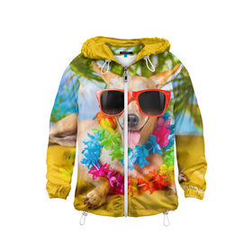 Детская ветровка 3D с принтом пляж в Санкт-Петербурге, 100% полиэстер | подол и капюшон оформлены резинкой с фиксаторами, по бокам два кармана без застежек, один потайной карман на груди | sea | гавайи | лето | море | океан | отдых | очки | пляж | собака | той терьер
