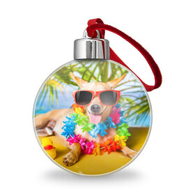 Ёлочный шар с принтом пляж в Санкт-Петербурге, Пластик | Диаметр: 77 мм | Тематика изображения на принте: sea | гавайи | лето | море | океан | отдых | очки | пляж | собака | той терьер
