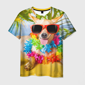 Мужская футболка 3D с принтом пляж в Санкт-Петербурге, 100% полиэфир | прямой крой, круглый вырез горловины, длина до линии бедер | Тематика изображения на принте: sea | гавайи | лето | море | океан | отдых | очки | пляж | собака | той терьер