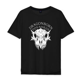 Мужская футболка хлопок Oversize с принтом DRAGONBORN DOVAHKIIN в Санкт-Петербурге, 100% хлопок | свободный крой, круглый ворот, “спинка” длиннее передней части | Тематика изображения на принте: dovahkiin | dragonborn | fus ro dah | royal play | rpg | skyrim | tes | tes online | the elder scrolls | война | докавин | компьютерные игры | рпг