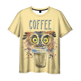 Мужская футболка 3D с принтом Сова и кофе в Санкт-Петербурге, 100% полиэфир | прямой крой, круглый вырез горловины, длина до линии бедер | coffee | food | love | owl | кофе | сова