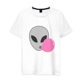 Мужская футболка хлопок с принтом Инопланетная жвачка в Санкт-Петербурге, 100% хлопок | прямой крой, круглый вырез горловины, длина до линии бедер, слегка спущенное плечо. | жвачка | инопланетянин | лицо | минимализм | нло | пузырь