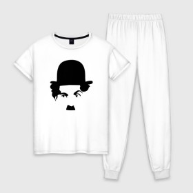 Женская пижама хлопок с принтом Чарли Чаплин в Санкт-Петербурге, 100% хлопок | брюки и футболка прямого кроя, без карманов, на брюках мягкая резинка на поясе и по низу штанин | глаза. котелок | знаменитость | известность | лицо | минимализм | портрет | чаплин | чарли