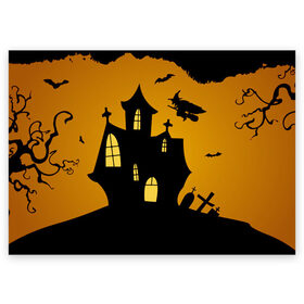 Поздравительная открытка с принтом Страшный домик в Санкт-Петербурге, 100% бумага | плотность бумаги 280 г/м2, матовая, на обратной стороне линовка и место для марки
 | halloween | ведьма | замок | кладбище | кресты | луна | могилы | мышь | надгробья | ночь | призрак | страшно | хэллоуин