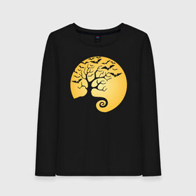 Женский лонгслив хлопок с принтом Дерево на фоне луны в Санкт-Петербурге, 100% хлопок |  | halloween | дерево | луна | мыши | ночь | страшно | хэллоуин