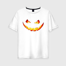 Женская футболка хлопок Oversize с принтом Улыбка тыквы в Санкт-Петербурге, 100% хлопок | свободный крой, круглый ворот, спущенный рукав, длина до линии бедер
 | halloween | глаза | глазки | зубы | лицо | ночь | призрак | рот | страшно | тыква | улыбка | хэллоуин