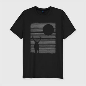 Мужская футболка хлопок Slim с принтом Силуэт оленя в Санкт-Петербурге, 92% хлопок, 8% лайкра | приталенный силуэт, круглый вырез ворота, длина до линии бедра, короткий рукав | линии. арт | минимализм. тренд | ночь. луна. темнота | олень | силуэт