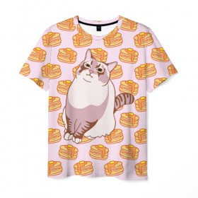 Мужская футболка 3D с принтом Блины в Санкт-Петербурге, 100% полиэфир | прямой крой, круглый вырез горловины, длина до линии бедер | cat | fat | internet | meme | pancakes | блины | интернет | кот | лупс | мем