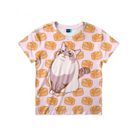 Детская футболка 3D с принтом Блины в Санкт-Петербурге, 100% гипоаллергенный полиэфир | прямой крой, круглый вырез горловины, длина до линии бедер, чуть спущенное плечо, ткань немного тянется | cat | fat | internet | meme | pancakes | блины | интернет | кот | лупс | мем