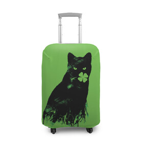 Чехол для чемодана 3D с принтом Кот и Клевер в Санкт-Петербурге, 86% полиэфир, 14% спандекс | двустороннее нанесение принта, прорези для ручек и колес | cat | clover | ireland | patric saint day | день святого патрика | ирландия | клевер | кот | кошка | черная кошка