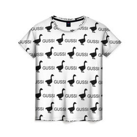 Женская футболка 3D с принтом GUSSI в Санкт-Петербурге, 100% полиэфир ( синтетическое хлопкоподобное полотно) | прямой крой, круглый вырез горловины, длина до линии бедер | anti brend | gussi | trend | антибренд | гуси | мода | надписи | тренд