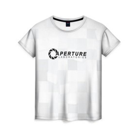 Женская футболка 3D с принтом Aperture Labs в Санкт-Петербурге, 100% полиэфир ( синтетическое хлопкоподобное полотно) | прямой крой, круглый вырез горловины, длина до линии бедер | Тематика изображения на принте: лаборатория | портал