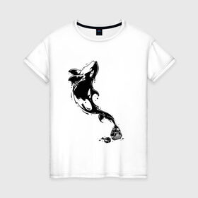Женская футболка хлопок с принтом Чернильный дельфин в Санкт-Петербурге, 100% хлопок | прямой крой, круглый вырез горловины, длина до линии бедер, слегка спущенное плечо | блики | брызги | дельфин. животное. клякса | касатка | минимализм | пятно | чернила