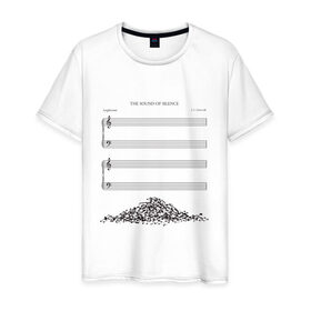 Мужская футболка хлопок с принтом Звук тишины в Санкт-Петербурге, 100% хлопок | прямой крой, круглый вырез горловины, длина до линии бедер, слегка спущенное плечо. | горка | звук | куча | мелодия | минимализм | ноты | страница | тетрадь | тишина
