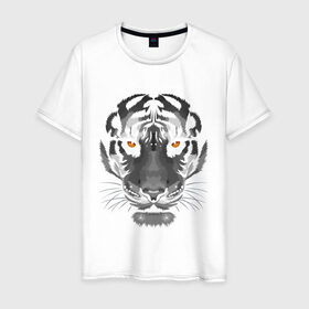 Мужская футболка хлопок с принтом Белый тигр в Санкт-Петербурге, 100% хлопок | прямой крой, круглый вырез горловины, длина до линии бедер, слегка спущенное плечо. | белый | голова | лицо | портрет | тигр | хищник | шерсть
