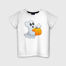 Детская футболка хлопок с принтом Привидение с тыквой в Санкт-Петербурге, 100% хлопок | круглый вырез горловины, полуприлегающий силуэт, длина до линии бедер | halloween | тыква | хэллоуин