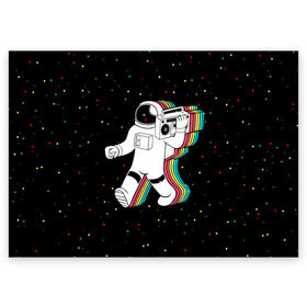 Поздравительная открытка с принтом Космонавт с магнитофоном в Санкт-Петербурге, 100% бумага | плотность бумаги 280 г/м2, матовая, на обратной стороне линовка и место для марки
 | бесконечность | верховный | вселенная | звёзды | идёт | космонавт | космос | круто | лучший | магнитофон | мода | молодёжная | музыка | на плече | небо | несёт | поп арт | радуга | рисун | сказка