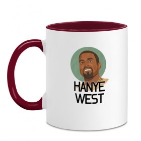 Кружка двухцветная с принтом Kanye West в Санкт-Петербурге, керамика | объем — 330 мл, диаметр — 80 мм. Цветная ручка и кайма сверху, в некоторых цветах — вся внутренняя часть | Тематика изображения на принте: 