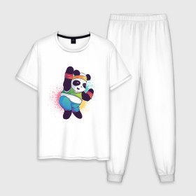 Мужская пижама хлопок с принтом Панда Зумба в Санкт-Петербурге, 100% хлопок | брюки и футболка прямого кроя, без карманов, на брюках мягкая резинка на поясе и по низу штанин
 | dance | зумба | панда | танцует | танцы | фитнес