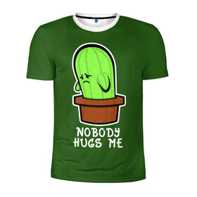 Мужская футболка 3D спортивная с принтом Nobody Hugs Me в Санкт-Петербурге, 100% полиэстер с улучшенными характеристиками | приталенный силуэт, круглая горловина, широкие плечи, сужается к линии бедра | Тематика изображения на принте: cactus | hugs | me | nobody | sad | горшок | горшочек | грусть | кактус | надпись | обнимашки | объятия | печаль | тоска