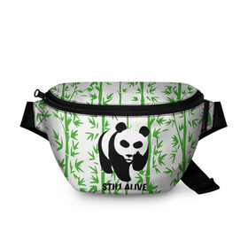 Поясная сумка 3D с принтом Still Alive в Санкт-Петербурге, 100% полиэстер | плотная ткань, ремень с регулируемой длиной, внутри несколько карманов для мелочей, основное отделение и карман с обратной стороны сумки застегиваются на молнию | alive | bamboo | green | greenpeace | panga | peace | still | бамбук | грин | гринпис | живая | живой | зеленый | мир | панда | панды | пис