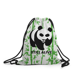 Рюкзак-мешок 3D с принтом Still Alive в Санкт-Петербурге, 100% полиэстер | плотность ткани — 200 г/м2, размер — 35 х 45 см; лямки — толстые шнурки, застежка на шнуровке, без карманов и подкладки | Тематика изображения на принте: alive | bamboo | green | greenpeace | panga | peace | still | бамбук | грин | гринпис | живая | живой | зеленый | мир | панда | панды | пис