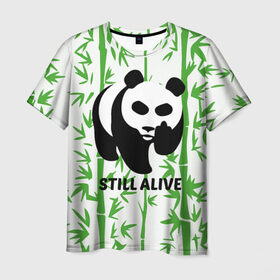 Мужская футболка 3D с принтом Still Alive в Санкт-Петербурге, 100% полиэфир | прямой крой, круглый вырез горловины, длина до линии бедер | alive | bamboo | green | greenpeace | panga | peace | still | бамбук | грин | гринпис | живая | живой | зеленый | мир | панда | панды | пис