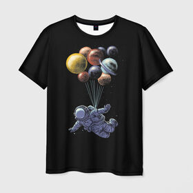 Мужская футболка 3D с принтом Космонавт на Шариках в Санкт-Петербурге, 100% полиэфир | прямой крой, круглый вырез горловины, длина до линии бедер | galaxy | planet | planets | space | spaceman | star | stars | галактика | галактики | звезда | звезды | космонавт | космос | планета | планеты | шары