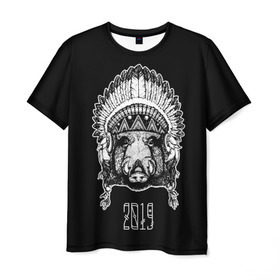 Мужская футболка 3D с принтом Кабан 2019 в Санкт-Петербурге, 100% полиэфир | прямой крой, круглый вырез горловины, длина до линии бедер | Тематика изображения на принте: верховный | вождь | год | голова | дикий | животные | индеец | ирокез | к | кабан | клыки | круто | лидер | лучший | мода | молодёжная | новый год | подарок | поздравление | поросенок | праздник | рисунок