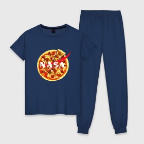 Женская пижама хлопок с принтом NASA Pizza в Санкт-Петербурге, 100% хлопок | брюки и футболка прямого кроя, без карманов, на брюках мягкая резинка на поясе и по низу штанин | 