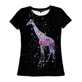 Женская футболка 3D с принтом Звездный Жираф в Санкт-Петербурге, 100% полиэфир ( синтетическое хлопкоподобное полотно) | прямой крой, круглый вырез горловины, длина до линии бедер | animal | desert | giraffe | long | pattern | skin | space | stars | tall | высокий | длинная | животное | животные | жираф | жирафы | звезды | космос | пустыня | узор | шея
