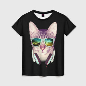 Женская футболка 3D с принтом Кот в Наушниках в Санкт-Петербурге, 100% полиэфир ( синтетическое хлопкоподобное полотно) | прямой крой, круглый вырез горловины, длина до линии бедер | cat | cats | kitten | kitty | pussy | диджей | кот | котенок | котик | котики | коты | котята | кошка | кошки | наушники | очки