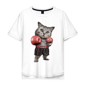 Мужская футболка хлопок Oversize с принтом Кот боксёр в Санкт-Петербурге, 100% хлопок | свободный крой, круглый ворот, “спинка” длиннее передней части | боец | бокс | боксёр | кот | котёнок | кошак | кошка | кулак | спорт | шорты
