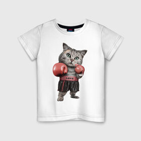 Детская футболка хлопок с принтом Кот боксёр в Санкт-Петербурге, 100% хлопок | круглый вырез горловины, полуприлегающий силуэт, длина до линии бедер | Тематика изображения на принте: боец | бокс | боксёр | кот | котёнок | кошак | кошка | кулак | спорт | шорты