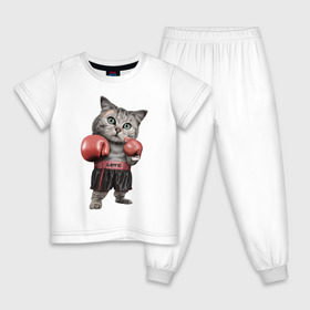 Детская пижама хлопок с принтом Кот боксёр в Санкт-Петербурге, 100% хлопок |  брюки и футболка прямого кроя, без карманов, на брюках мягкая резинка на поясе и по низу штанин
 | Тематика изображения на принте: боец | бокс | боксёр | кот | котёнок | кошак | кошка | кулак | спорт | шорты